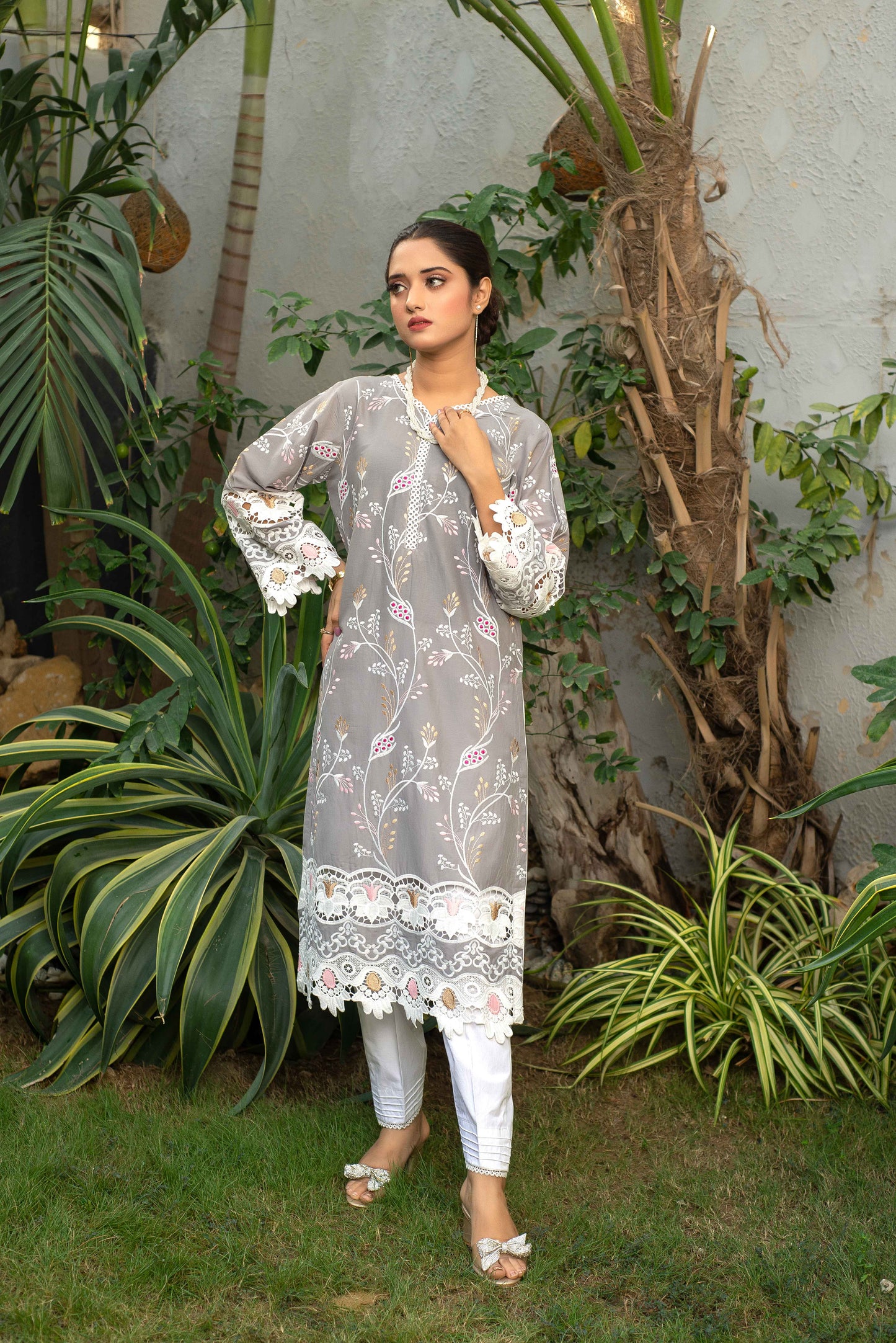 2pc Grey and White Embroidered Shirt with White Trouser
