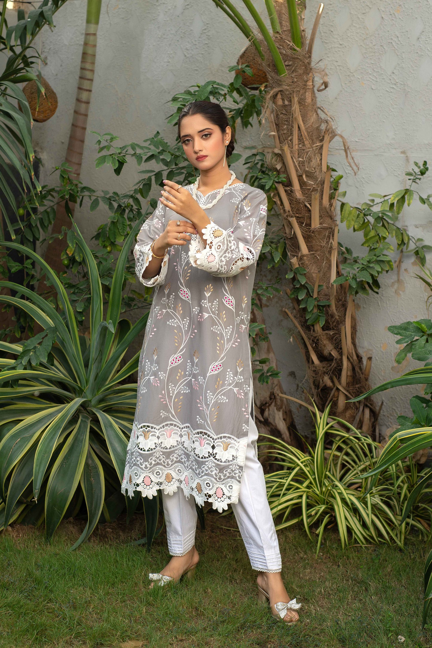 2pc Grey and White Embroidered Shirt with White Trouser