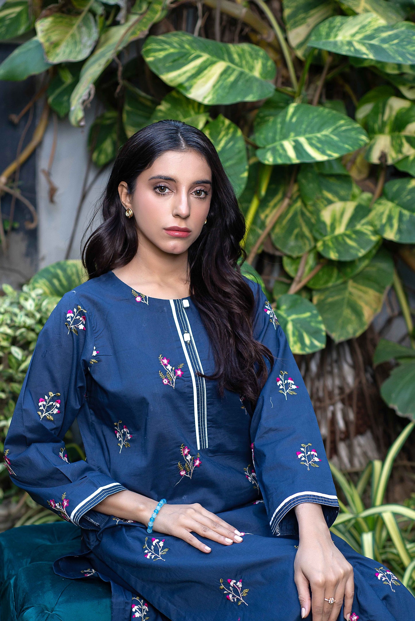 Neelofar - 2pc Blue Embroidered Suit with Plain Trouser
