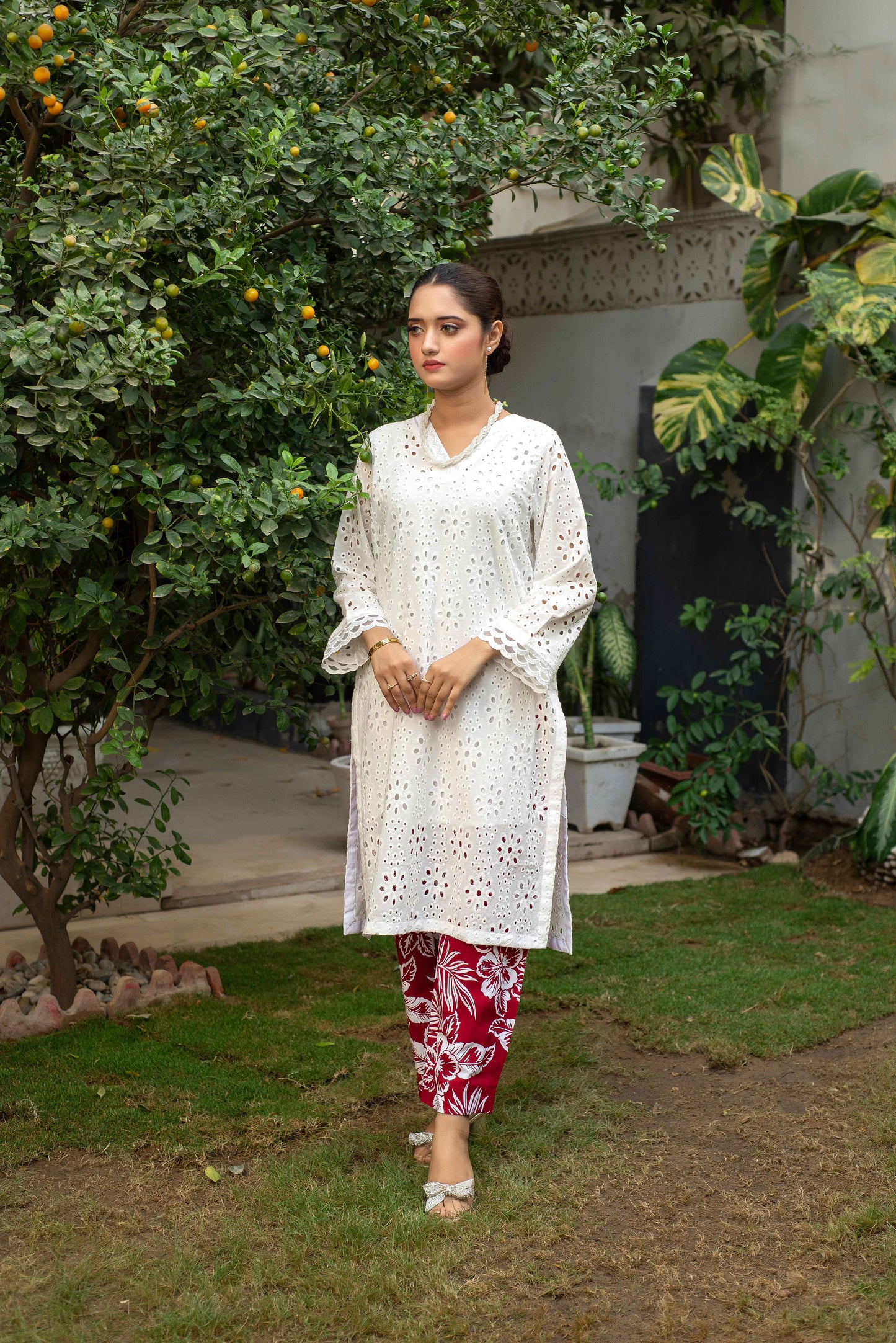 Roshni - 3pc Suit with Chikankari Shirt with Red Printed Trouser
