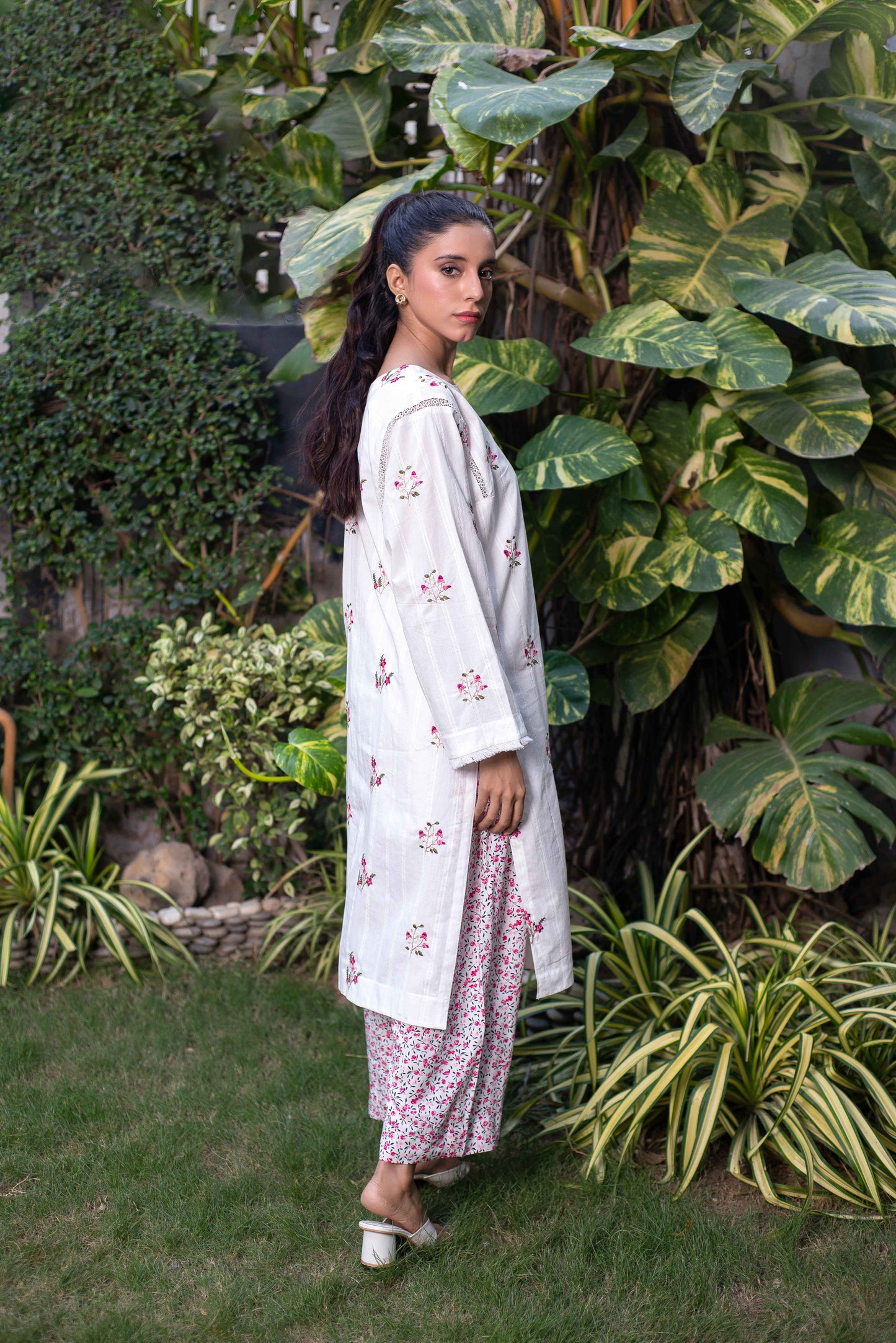 Chandni - 2pc White Embroidered Kurti with Printed Trouser