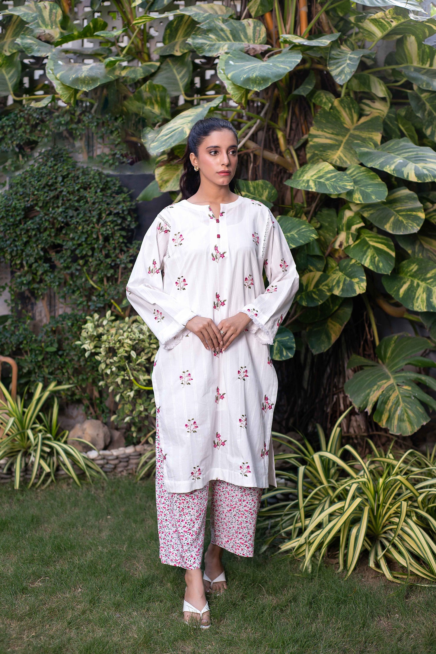 Chandni - 2pc White Embroidered Kurti with Printed Trouser