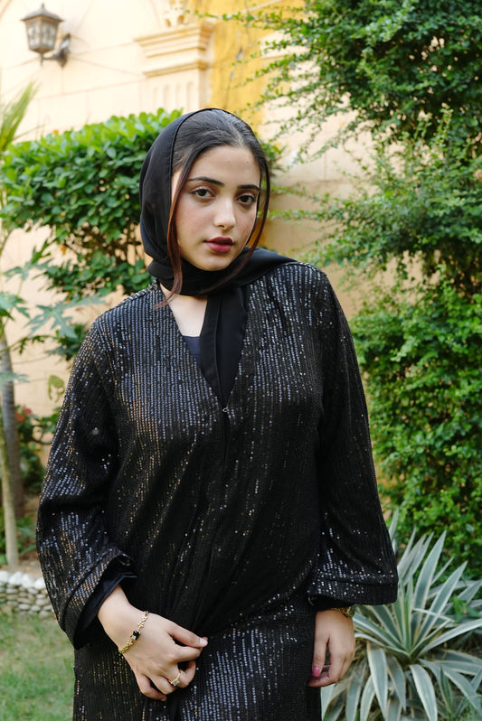 3pc Black Abaya with Sequence Work