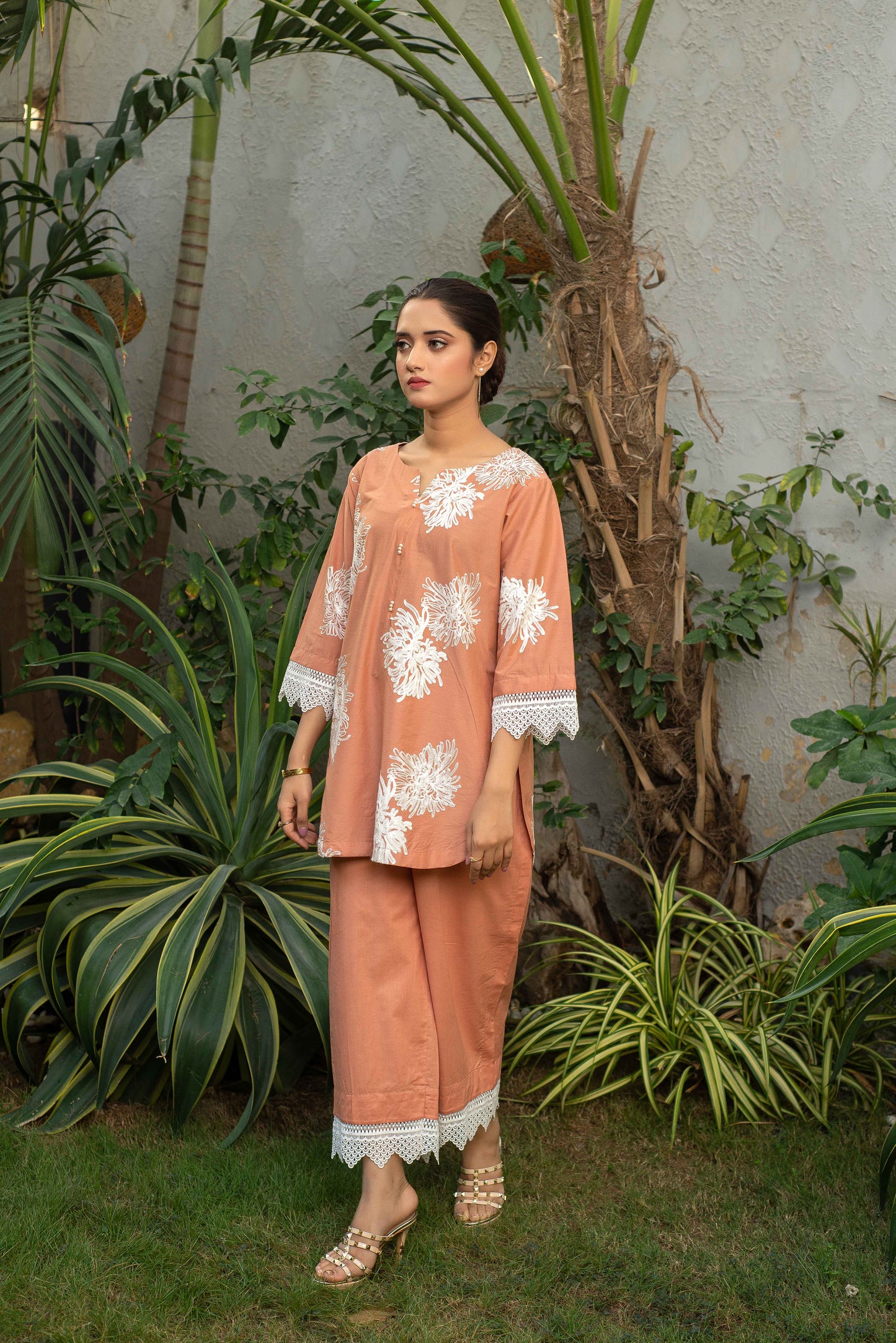 Gulnaar - 2pc Peach Floral Co-ord Set with Fancy Sleeves