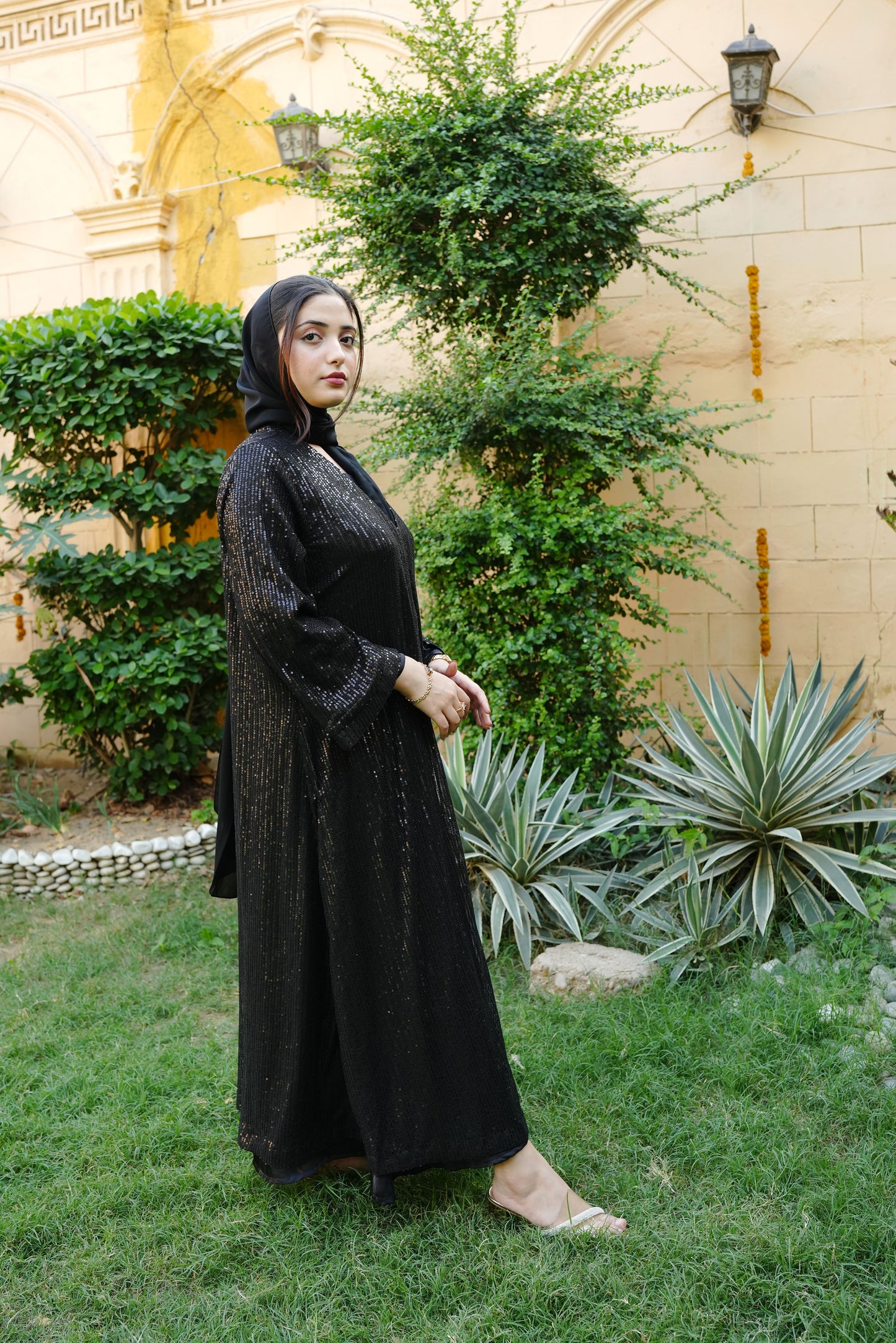 3pc Black Abaya with Sequence Work