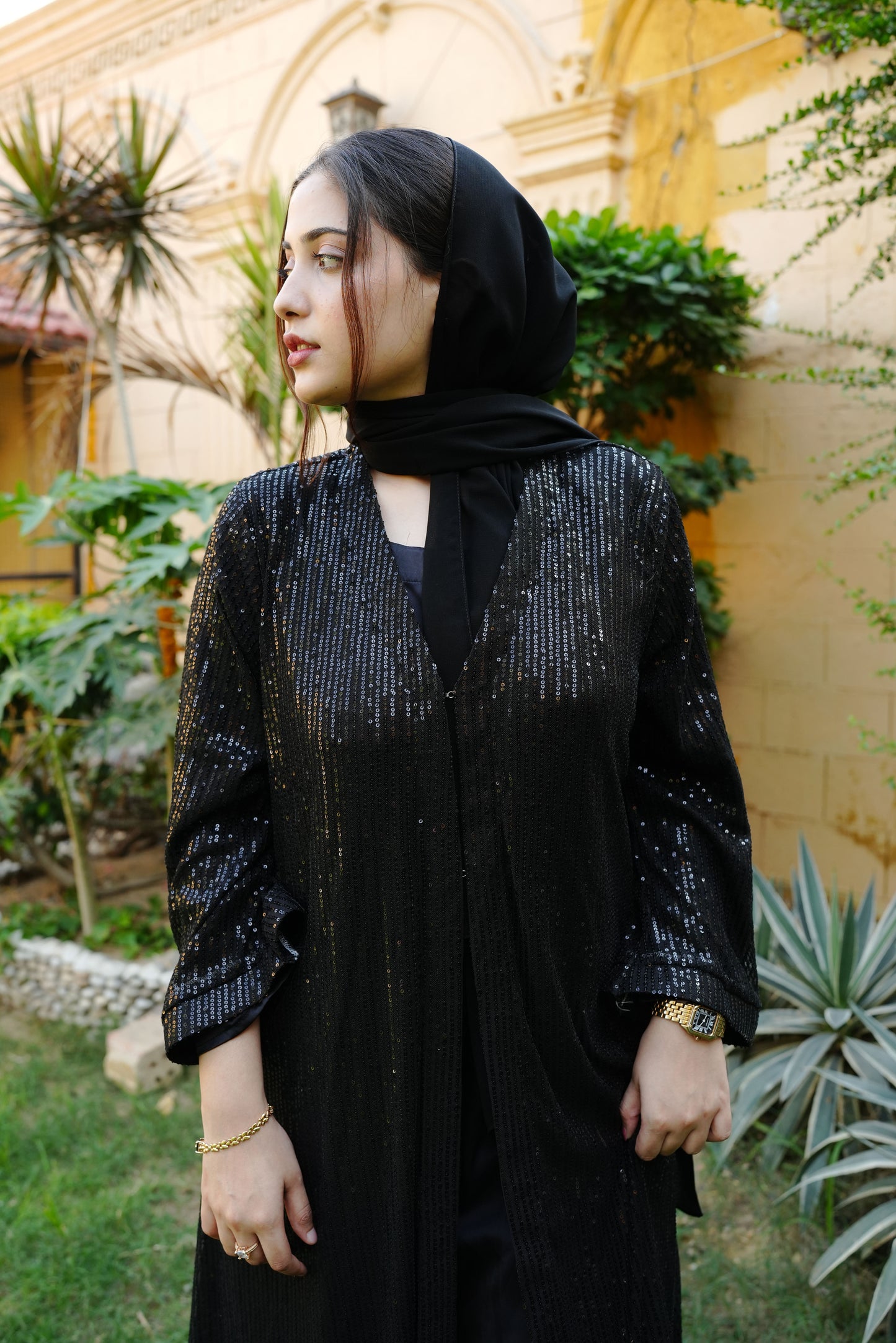 3pc Black Abaya with Sequence Work