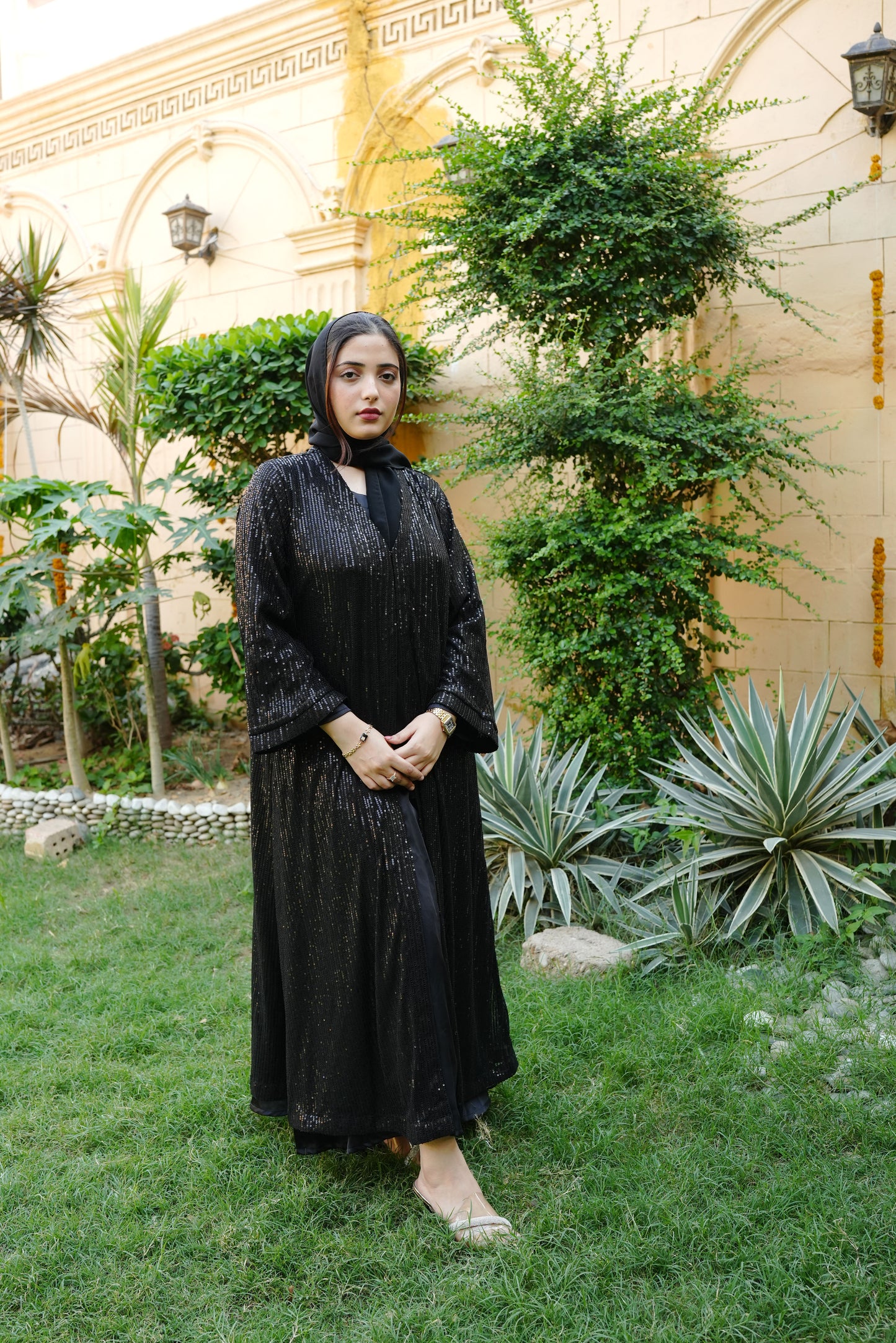 3pc Black Abaya with Sequence Work