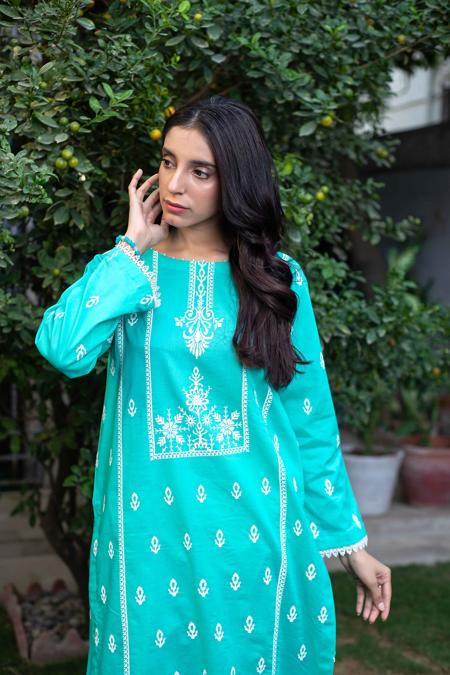 2pc Turquoise Lawn Suit with Plain Trouser