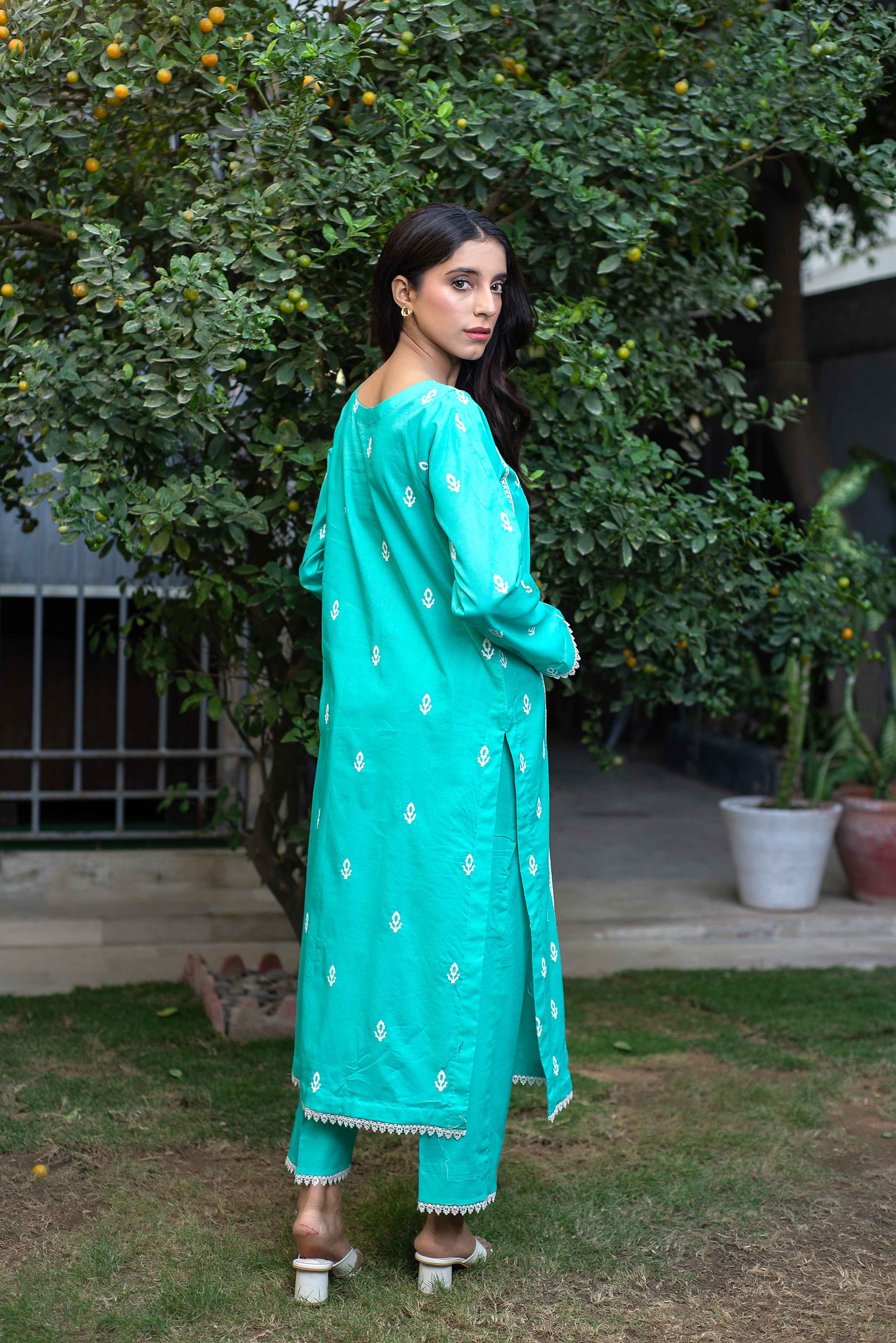 2pc Turquoise Lawn Suit with Plain Trouser