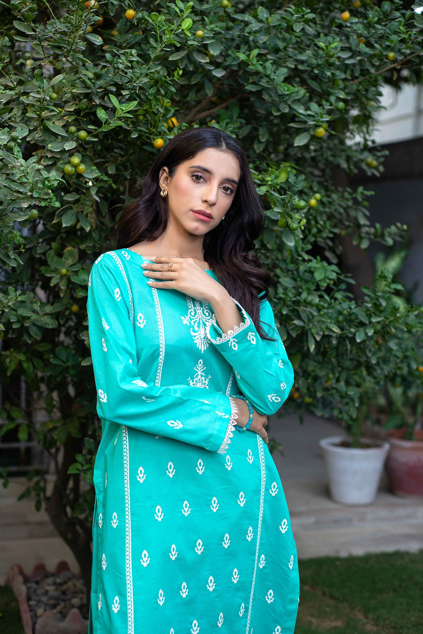 2pc Turquoise Lawn Suit with Plain Trouser