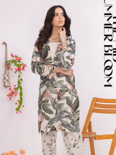 2pc Olive Green & off White shirt paired with off white printed trouser