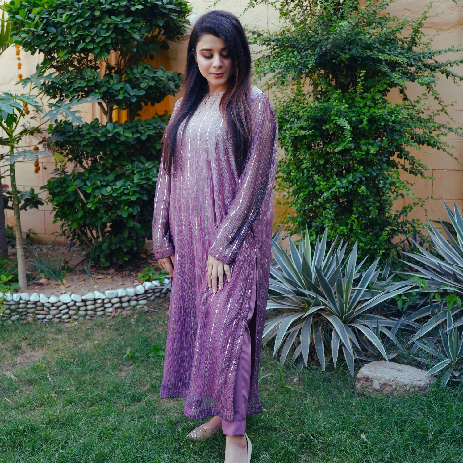 2 PCS MOONLIGHT LONG SHIRT WITH PLAIN SILK TROUSER - Image 2