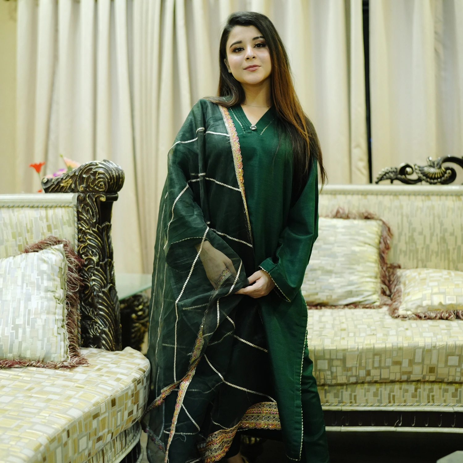 3 PCS PLAIN RAWSILK DRESS WITH FANCY ORGANZA DUPATTA - Image 2