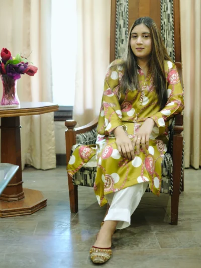 2 PIECE MEHNDI PRINTED SILK SHIRT WITH WHITE TROUSER