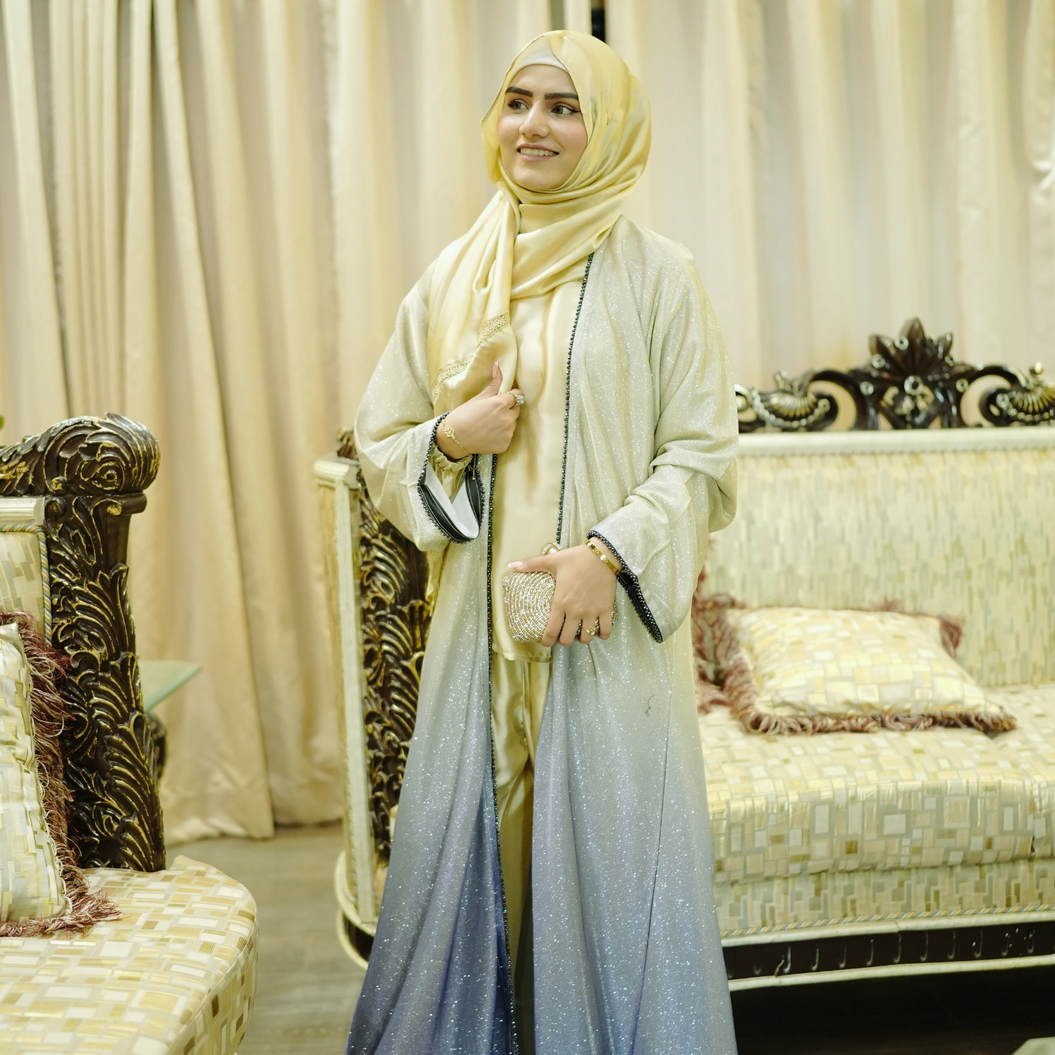 3 PCS DOUBLE SHADED ABAYA SET WITH CORD SET