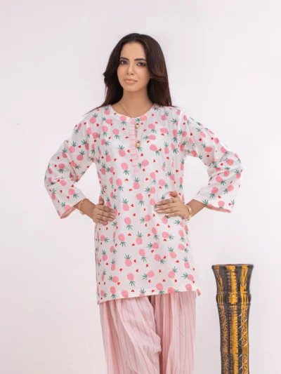 2 PCS Pineapple print set crafted on a soft white base with delicate baby pink lining farshi.