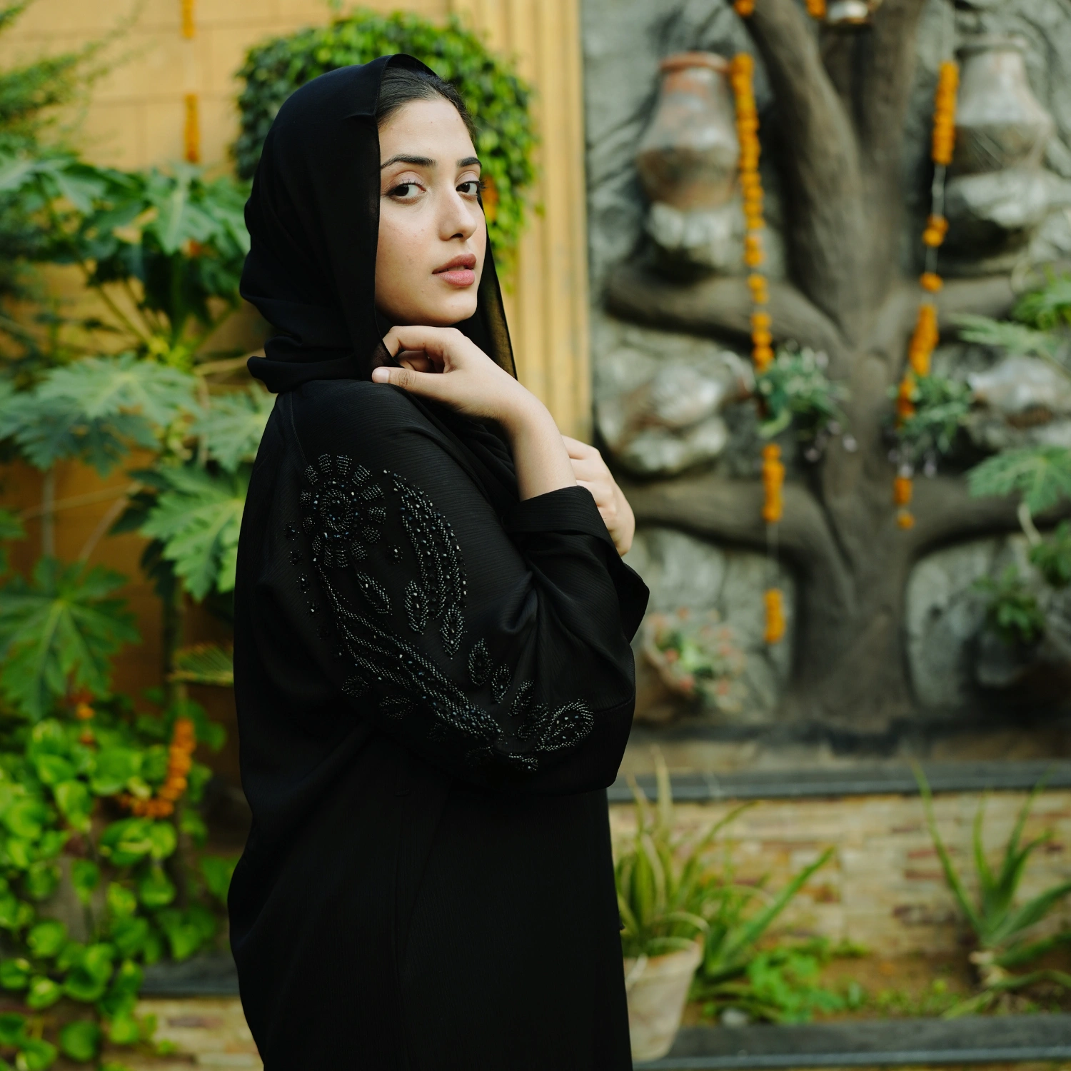 2 PCS JET BLACK ABAYA WITH CUT DANA HANDWORK - Image 2