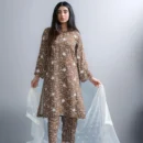 3 Piece Brown Stone Linen Embroidered Set with Fancy Neck