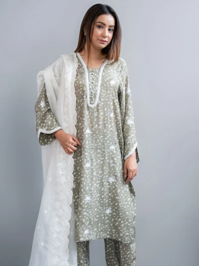 3 PCS Pista Stone Pure Silk Embroidered Suit