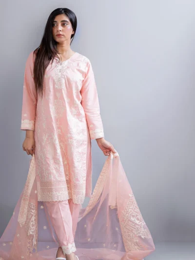 3PCS Peach Fancy Embroidered Ensemble