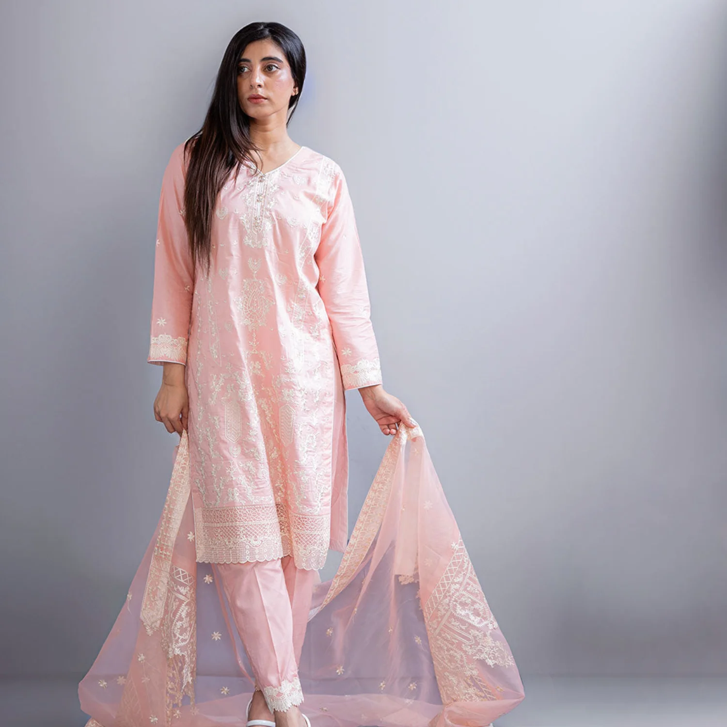 3PCS Peach Fancy Embroidered Ensemble