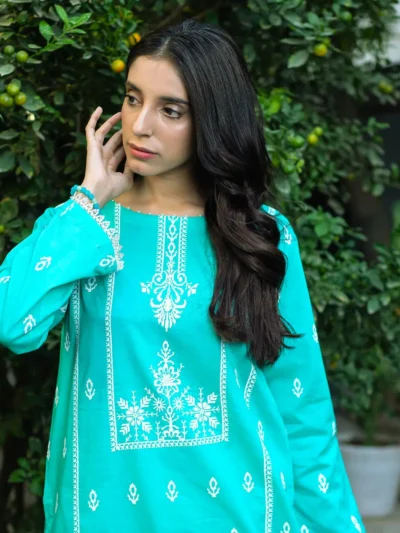 2pc Turquoise Lawn Suit with Plain Trouser