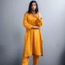 2PC Mustard Lawn Outfit with Fancy Neck Design