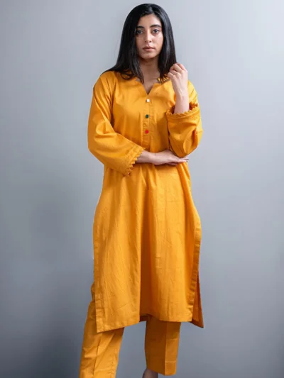 2PC Mustard Lawn Outfit with Fancy Neck Design