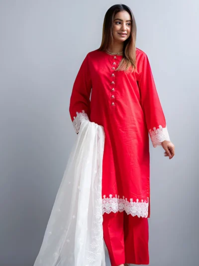 3 PCS Red Embroidered Lawn Outfit