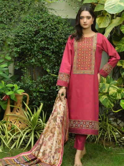 Sakura - 3pc Pink Suit with Fancy Printed Dupatta & Plain Trouser