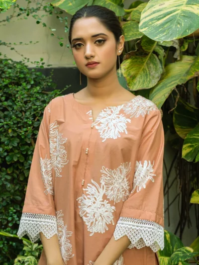 Gulnaar - 2pc Peach Floral Co-ord Set with Fancy Sleeves