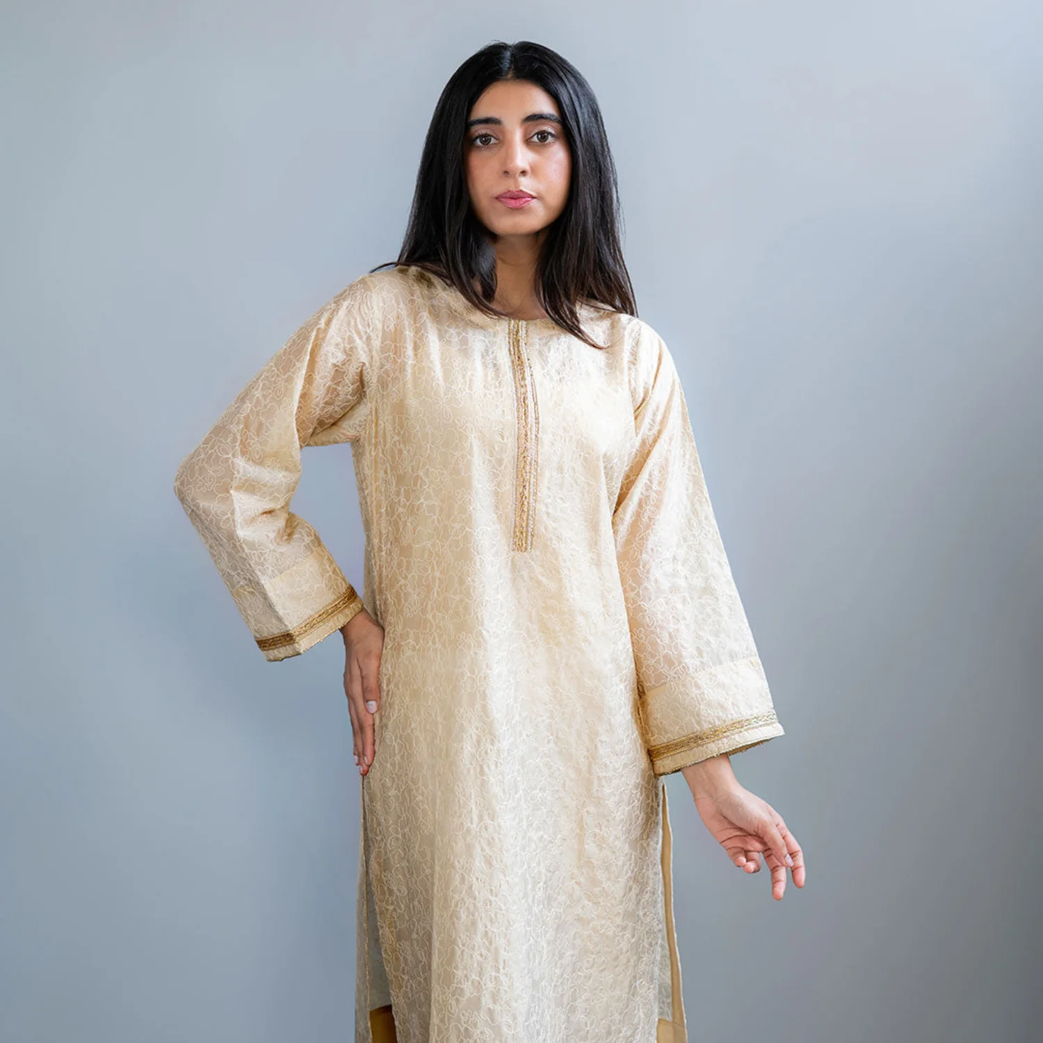 2 PCS Beige Embroidered Paper Silk Set - Image 2