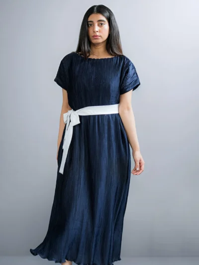 Dark Navy Blue Crinkle Silk Maxi