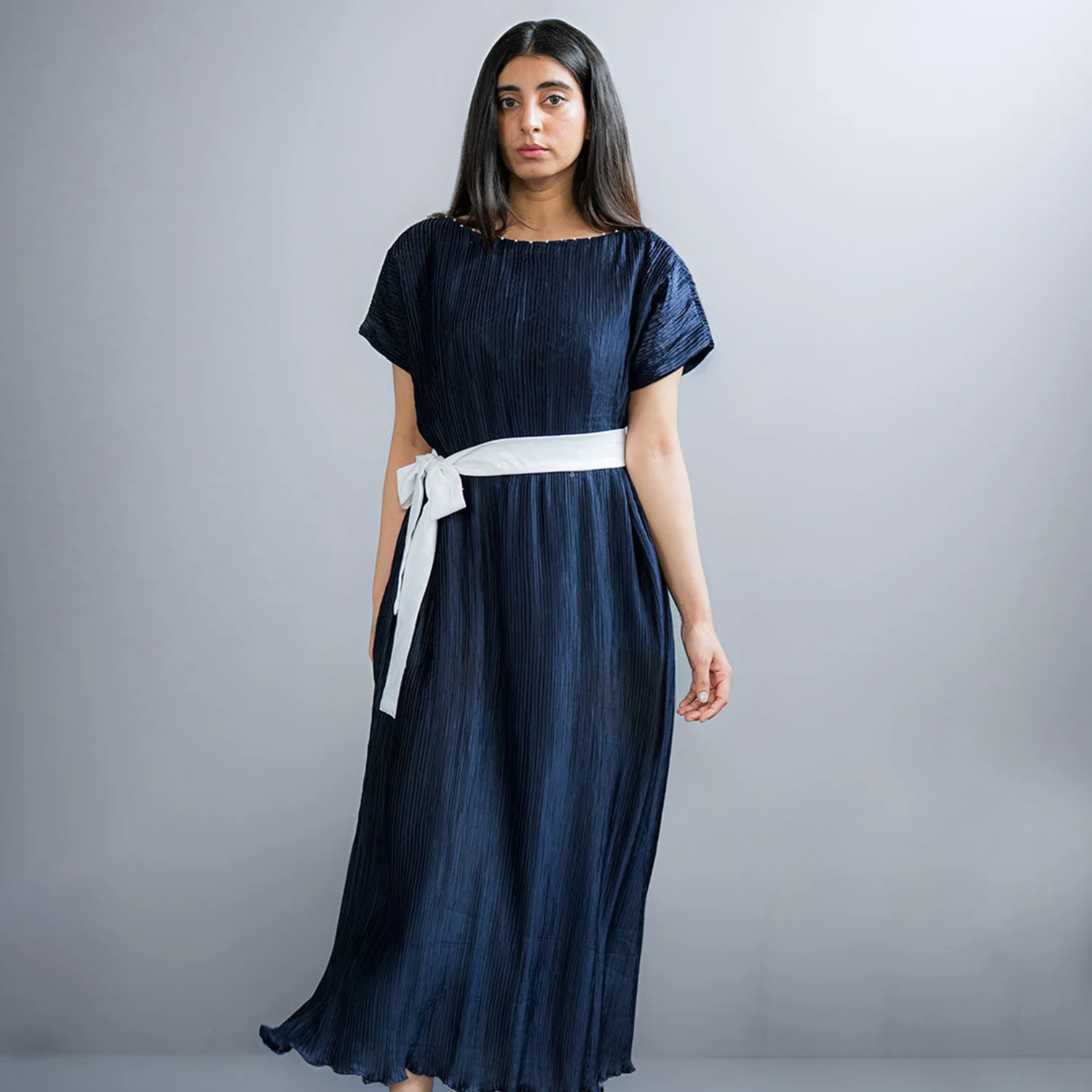 Dark Navy Blue Crinkle Silk Maxi