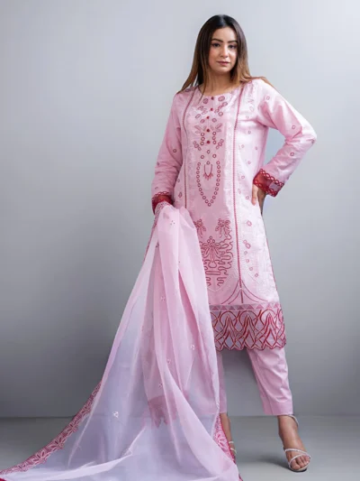 3PC Baby Pink & Maroon Embroidered Ensemble