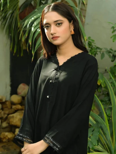 Zulmat - 2pc Plain Black Co-ord Set with Fancy Sleeves