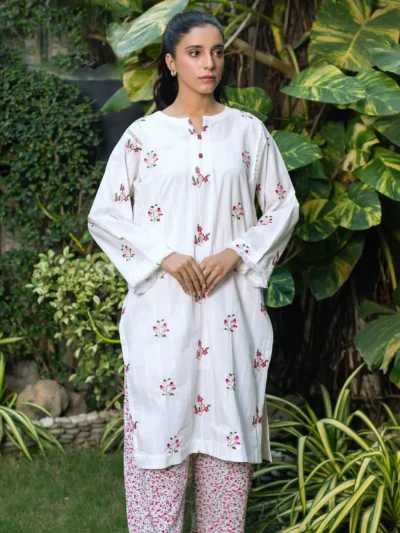 Chandni - 2pc White Embroidered Kurti with Printed Trouser