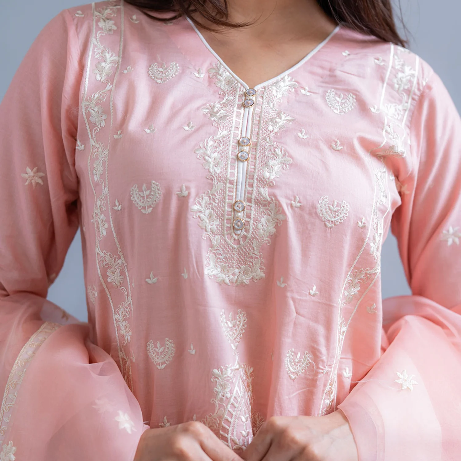 3PCS Peach Fancy Embroidered Ensemble - Image 2