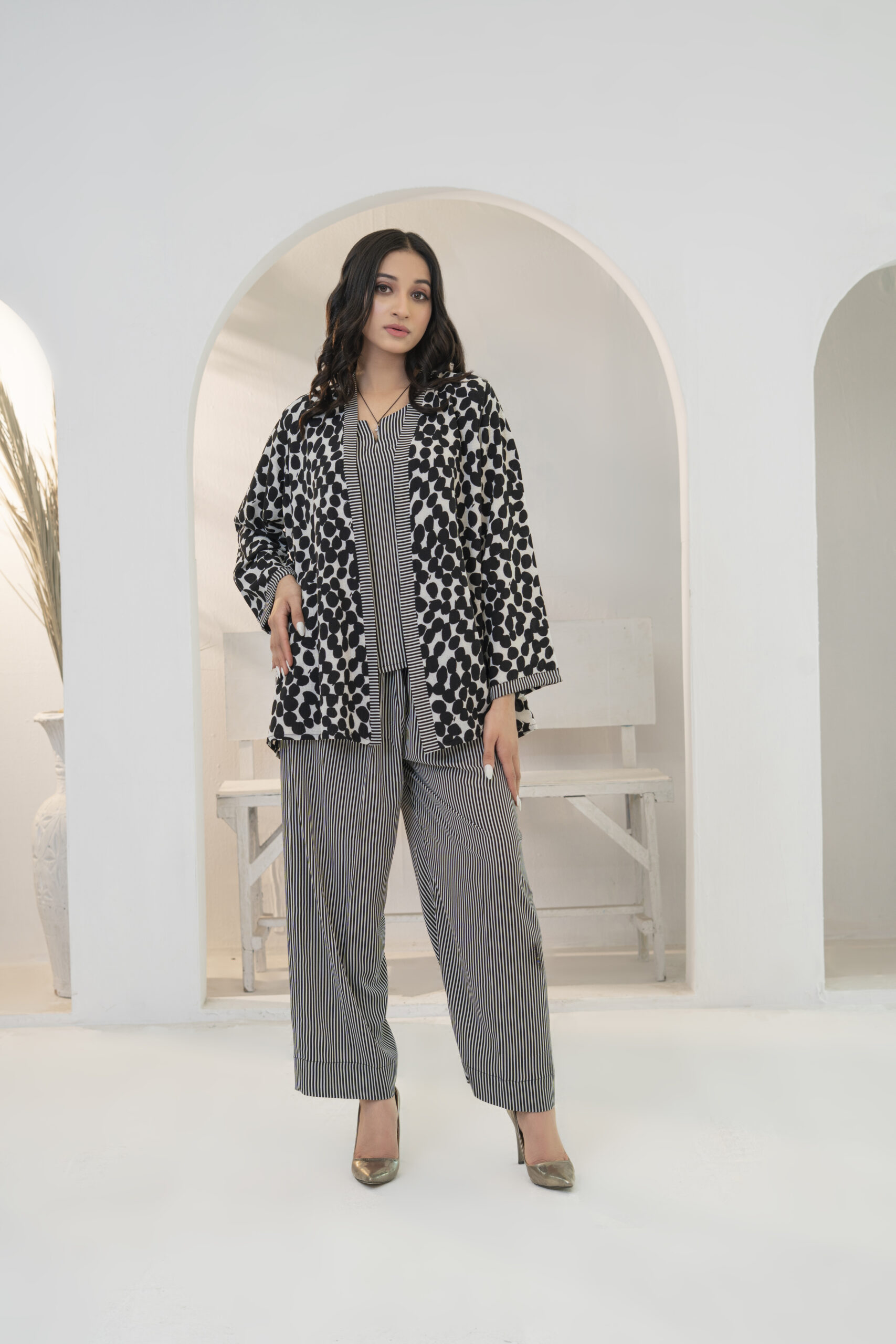 Black & Beige 3-Piece Co-Ord Set in Wrinkle Free Crepe with Dot Print - Image 5