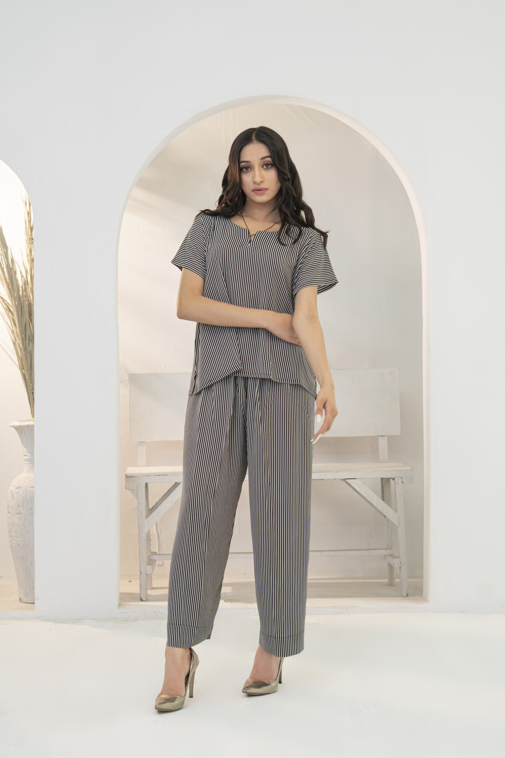 Black & Beige 3-Piece Co-Ord Set in Wrinkle Free Crepe with Dot Print - Image 3