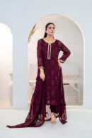 Plum Chiffon 3-Piece Set with Tonal Embroidery & Emb Dupatta
