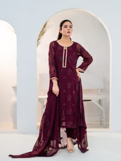 Plum Chiffon 3-Piece Set with Tonal Embroidery & Emb Dupatta