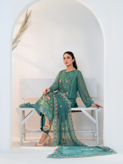 Eel Green Chiffon 3-Piece Set with Red & Baby Pink Embroidery