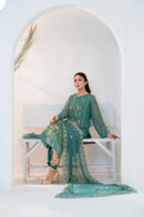 Eel Green Chiffon 3-Piece Set with Red & Baby Pink Embroidery