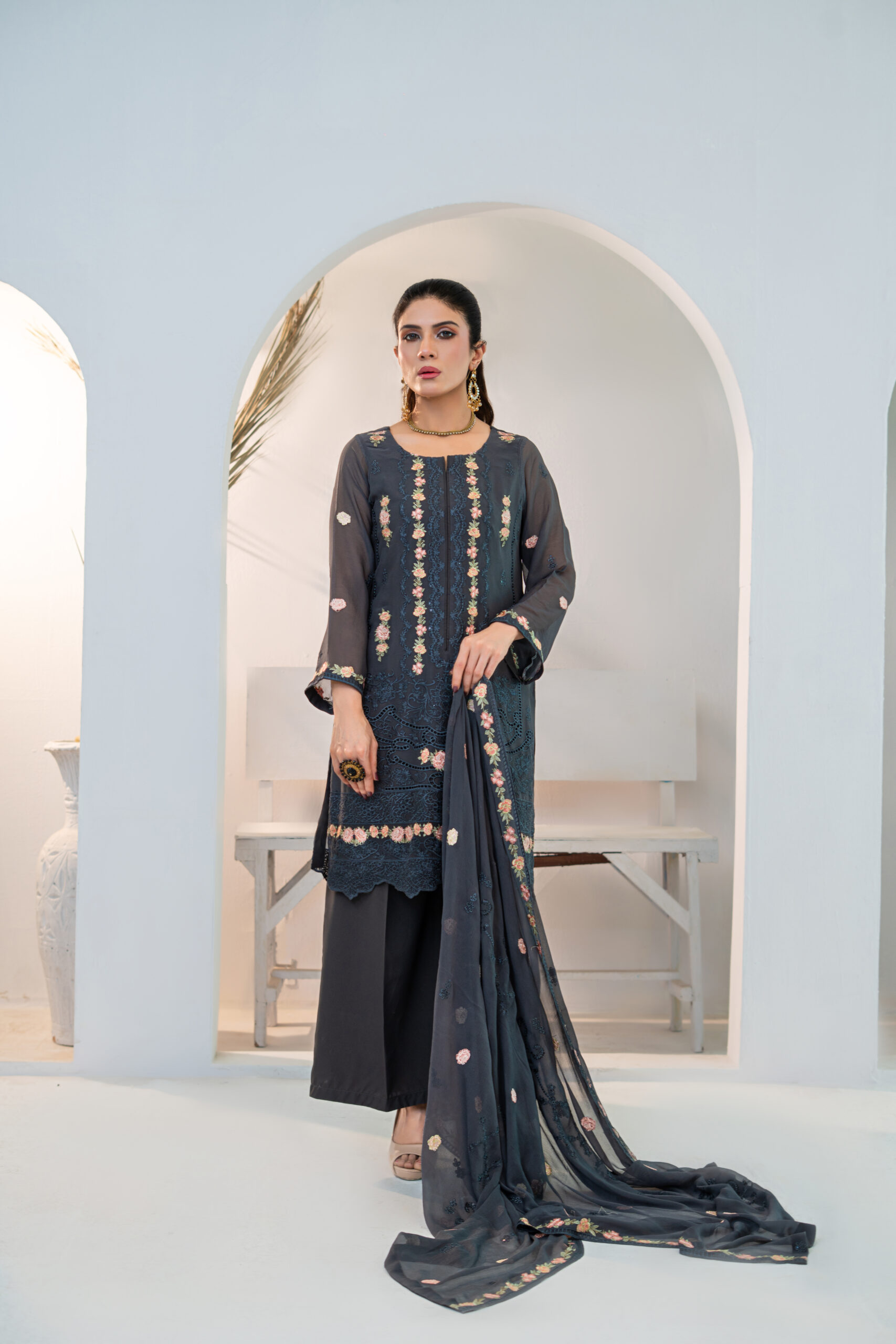 Fluid charcoal grey chiffon, kissed with intricate baby pink embroidery — 3pc . - Image 2