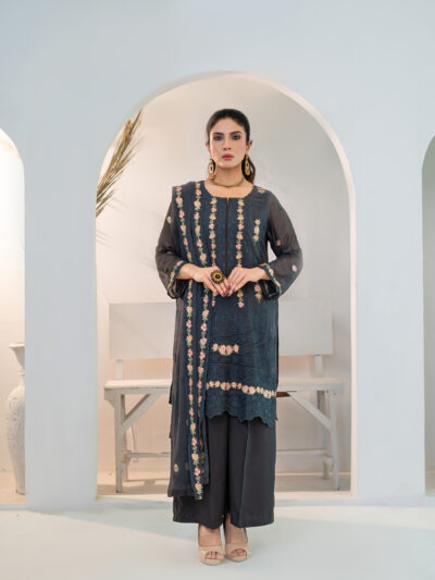 Fluid charcoal grey chiffon, kissed with intricate baby pink embroidery — 3pc .