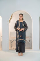 Fluid charcoal grey chiffon, kissed with intricate baby pink embroidery — 3pc .