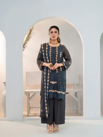 Fluid charcoal grey chiffon, kissed with intricate baby pink embroidery — 3pc .