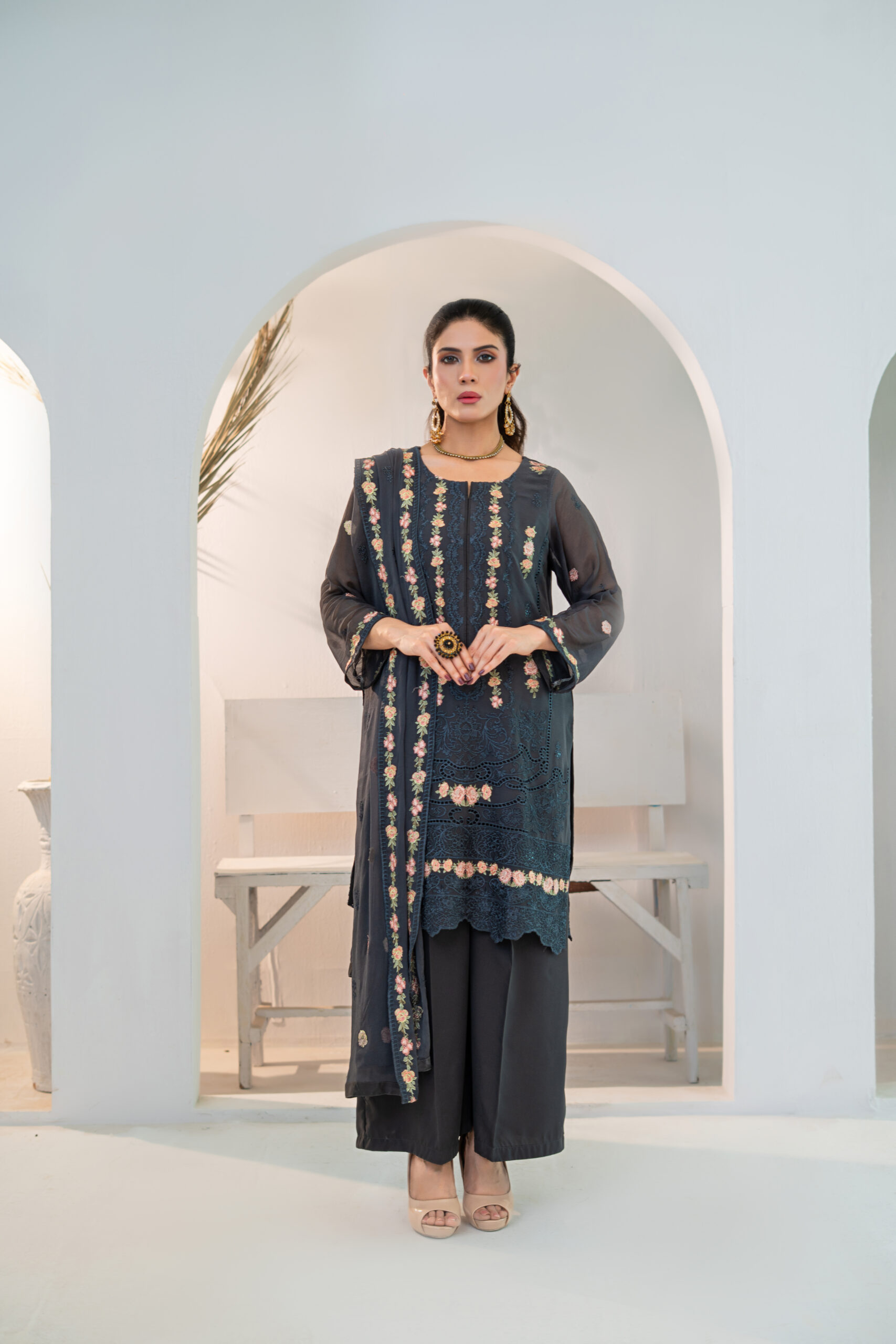 Fluid charcoal grey chiffon, kissed with intricate baby pink embroidery — 3pc .