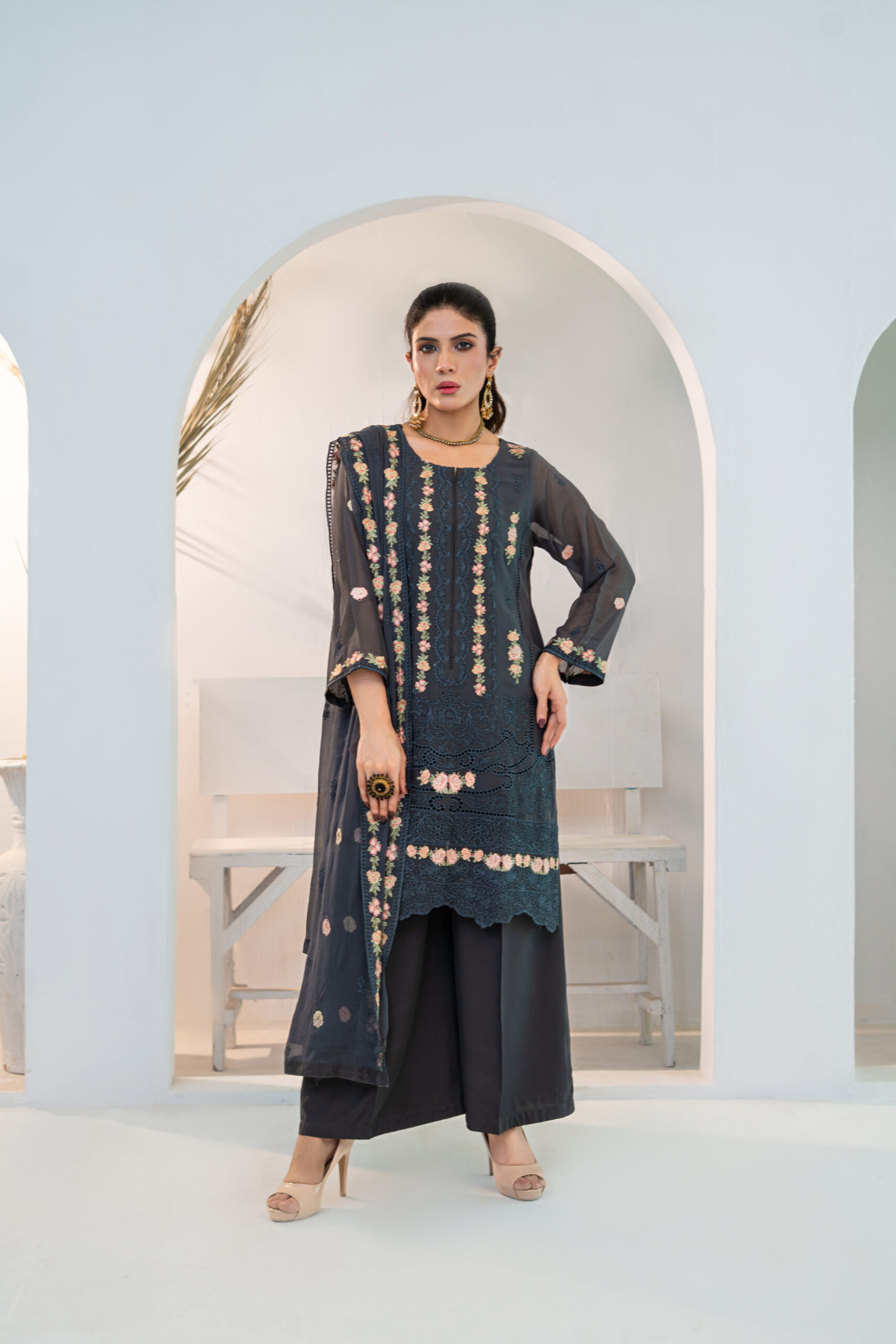 Fluid charcoal grey chiffon, kissed with intricate baby pink embroidery — 3pc . - Image 4